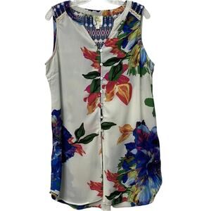 Fig & Flower Womens Large White Multicolor Bright Button Front Sleeveless Blouse